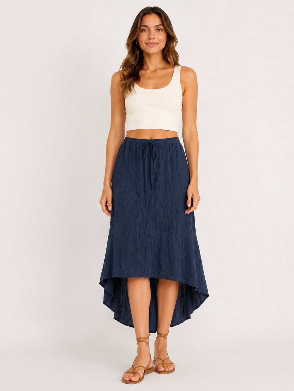 Velia Sierra Linen Textured Drawstring Hi-Lo Maxi Skirt Deep Navy Size Medium
